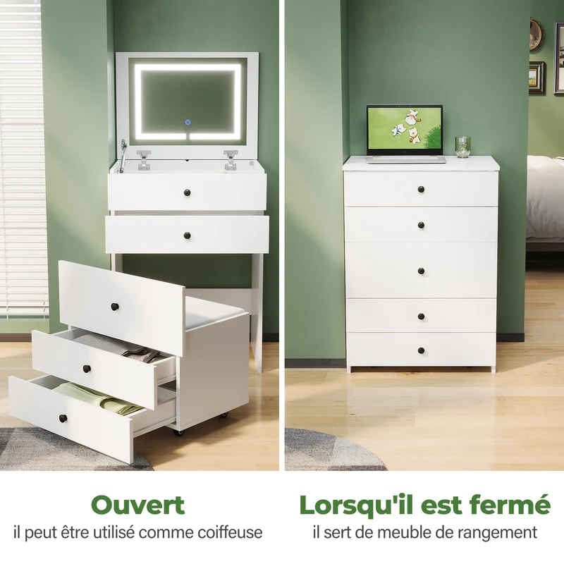 SIRHONA Coiffeuse multifonctionnelle avec chaise dissimulée et rangement divisé 59.2×42.6×127cm