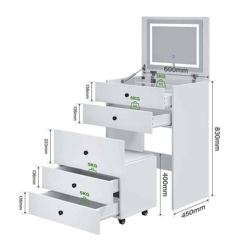 SIRHONA Coiffeuse multifonctionnelle avec chaise dissimulée et rangement divisé 59.2×42.6×127cm