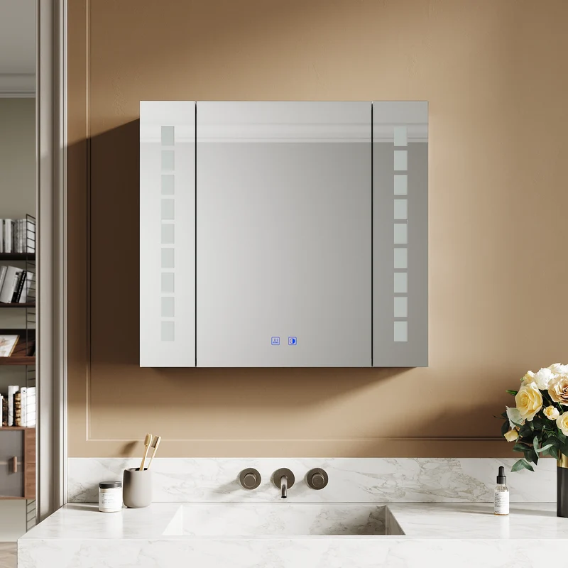 SIRHONA Armoire miroir 60 × 65 cm avec éclairage et prise de courant anti-buée LED avec écran tactile en aluminium