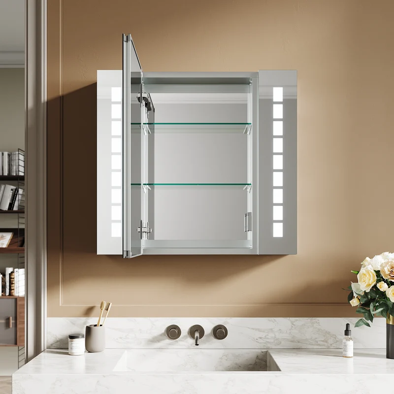 SIRHONA Armoire miroir 60 × 65 cm avec éclairage et prise de courant anti-buée LED avec écran tactile en aluminium