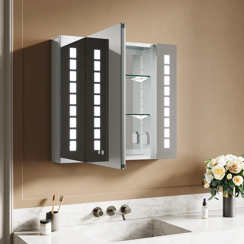 SIRHONA Armoire miroir 60 × 65 cm avec éclairage et prise de courant anti-buée LED avec écran tactile en aluminium
