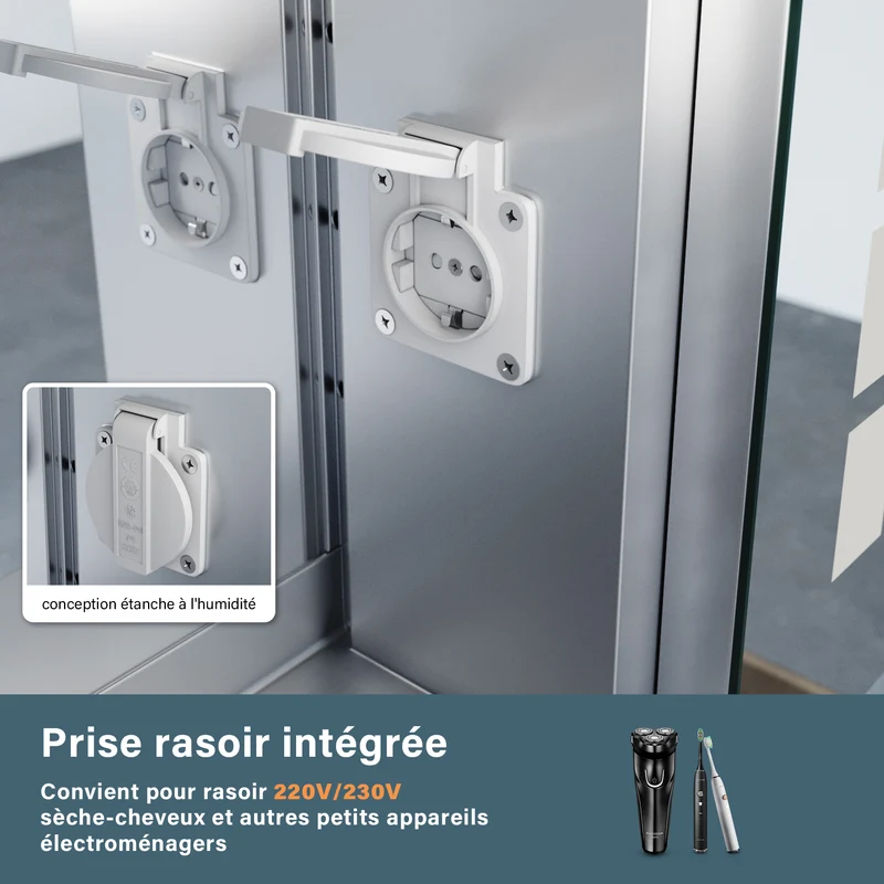 SIRHONA Armoire miroir 60 × 65 cm avec éclairage et prise de courant anti-buée LED avec écran tactile en aluminium