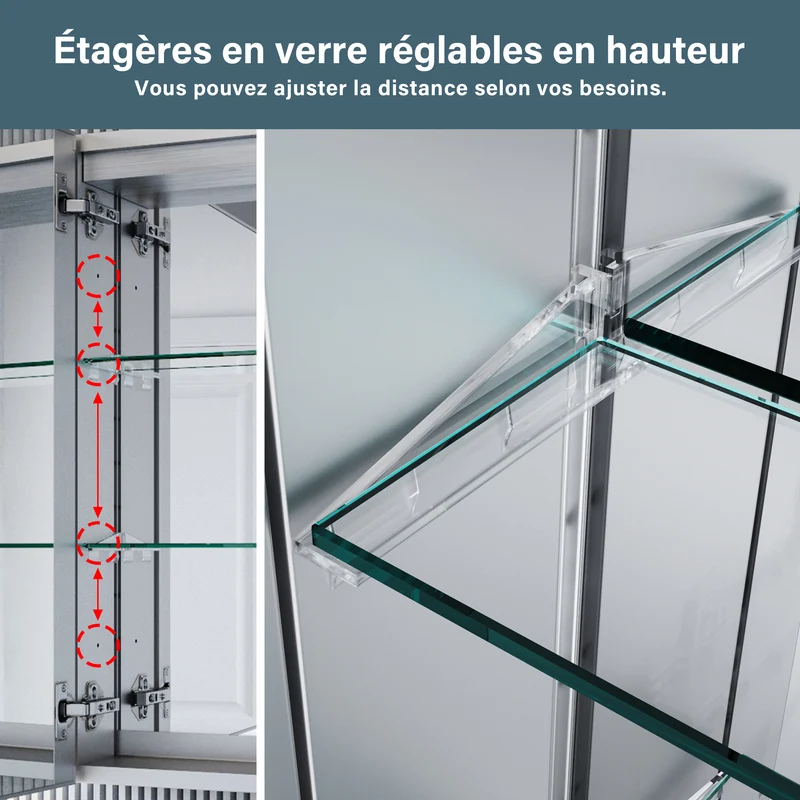 SIRHONA Armoire miroir 60 × 65 cm avec éclairage et prise de courant anti-buée LED avec écran tactile en aluminium