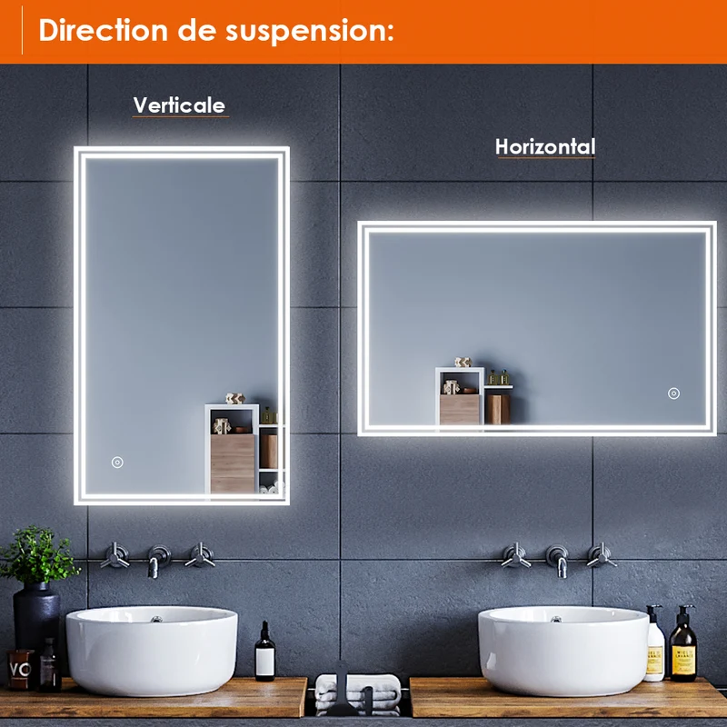 SIRHONA Miroir led Miroir de salle de bains avec éclairage LED Miroir Cosmétiques Mural Lumière Illumination avec Commande par Effleurement 70x50 CM