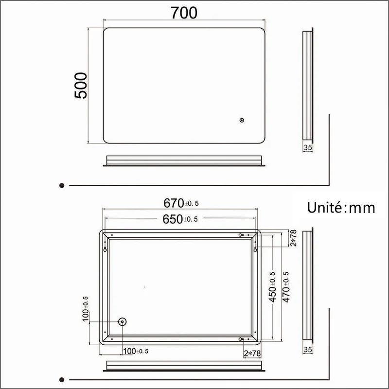SIRHONA Miroir led Miroir de salle de bains avec éclairage LED Miroir Cosmétiques Mural Lumière Illumination avec Commande par Effleurement 70x50 CM