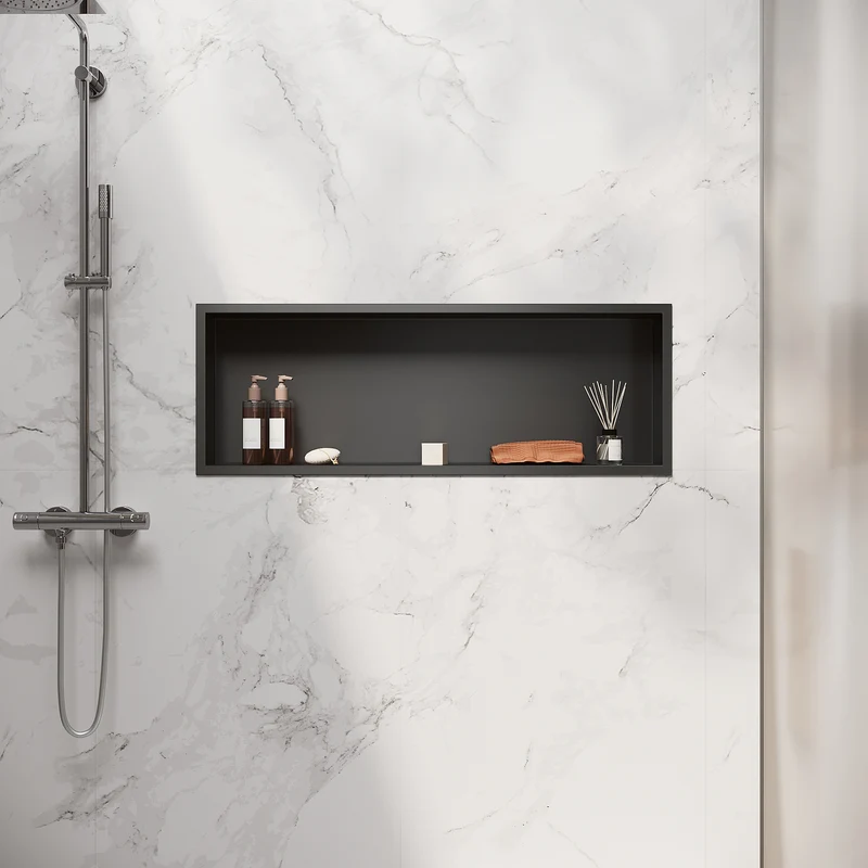 Niche murale de douche en acier inoxydable, niche de douche encastrée, étagère unique de stockage pour salle de bains, pas de carrelage nécessaire, 90 x 30 x 10 cm, noir
