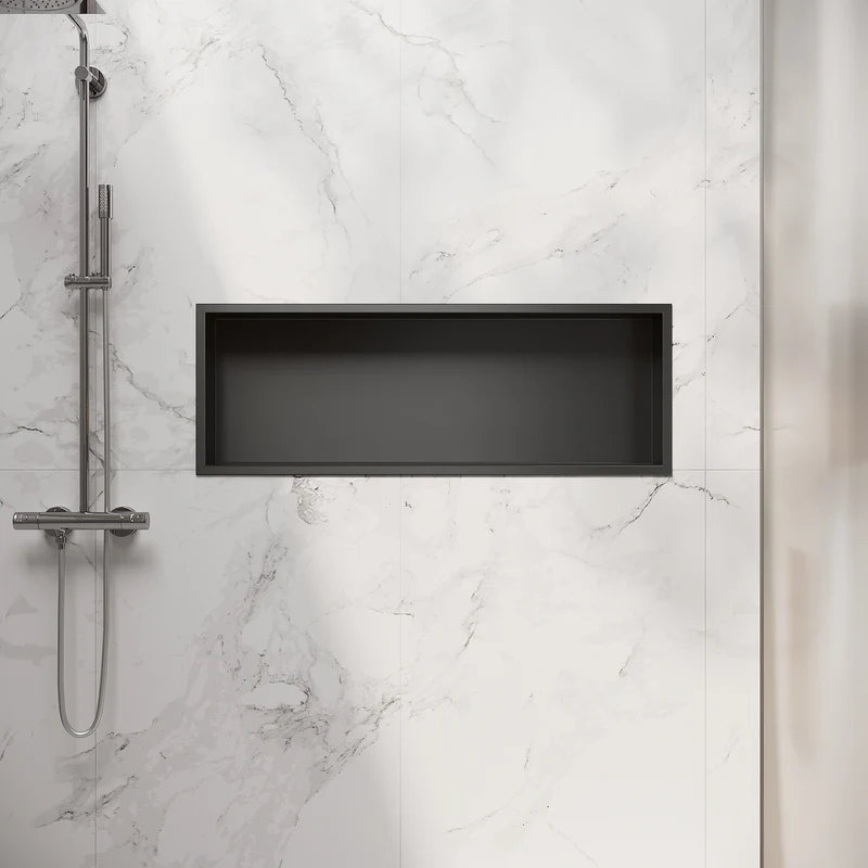 Niche murale de douche en acier inoxydable, niche de douche encastrée, étagère unique de stockage pour salle de bains, pas de carrelage nécessaire, 90 x 30 x 10 cm, noir