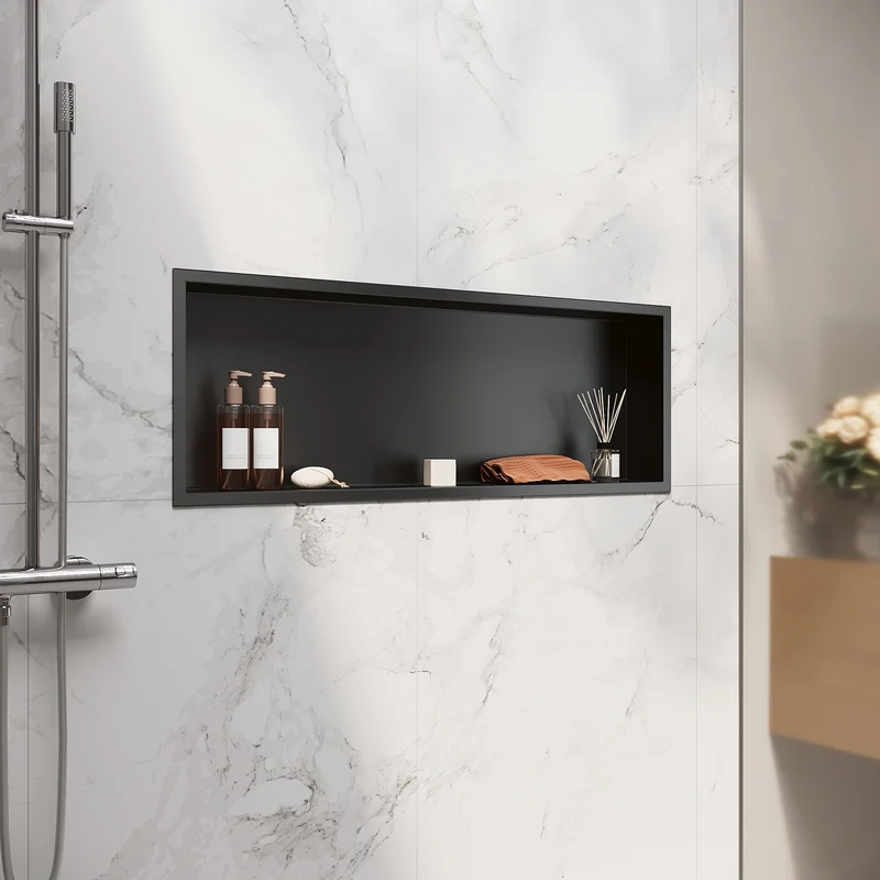 Niche murale de douche en acier inoxydable, niche de douche encastrée, étagère unique de stockage pour salle de bains, pas de carrelage nécessaire, 90 x 30 x 10 cm, noir