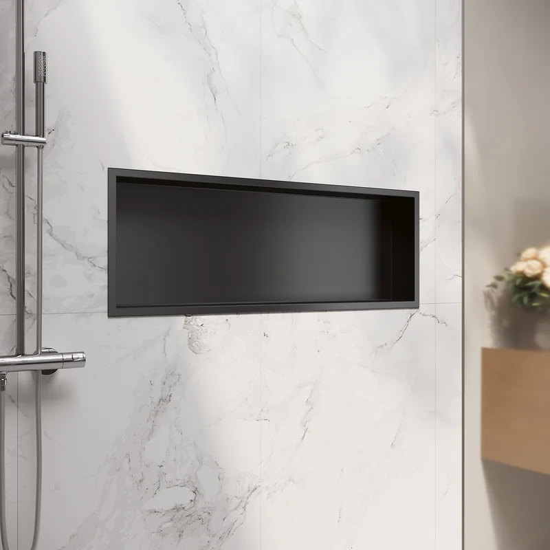 Niche murale de douche en acier inoxydable, niche de douche encastrée, étagère unique de stockage pour salle de bains, pas de carrelage nécessaire, 90 x 30 x 10 cm, noir