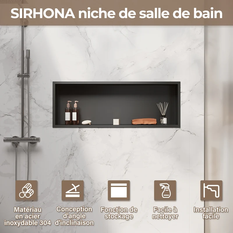 Niche murale de douche en acier inoxydable, niche de douche encastrée, étagère unique de stockage pour salle de bains, pas de carrelage nécessaire, 90 x 30 x 10 cm, noir