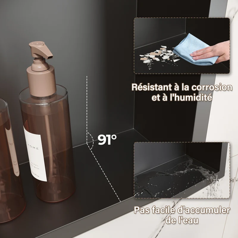 Niche murale de douche en acier inoxydable, niche de douche encastrée, étagère unique de stockage pour salle de bains, pas de carrelage nécessaire, 90 x 30 x 10 cm, noir