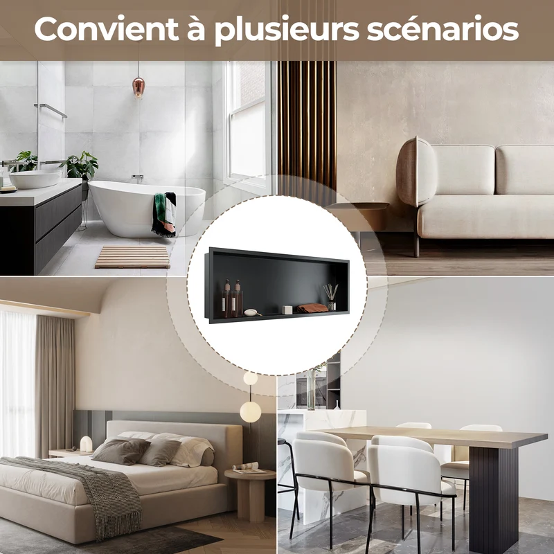 Niche murale de douche en acier inoxydable, niche de douche encastrée, étagère unique de stockage pour salle de bains, pas de carrelage nécessaire, 90 x 30 x 10 cm, noir