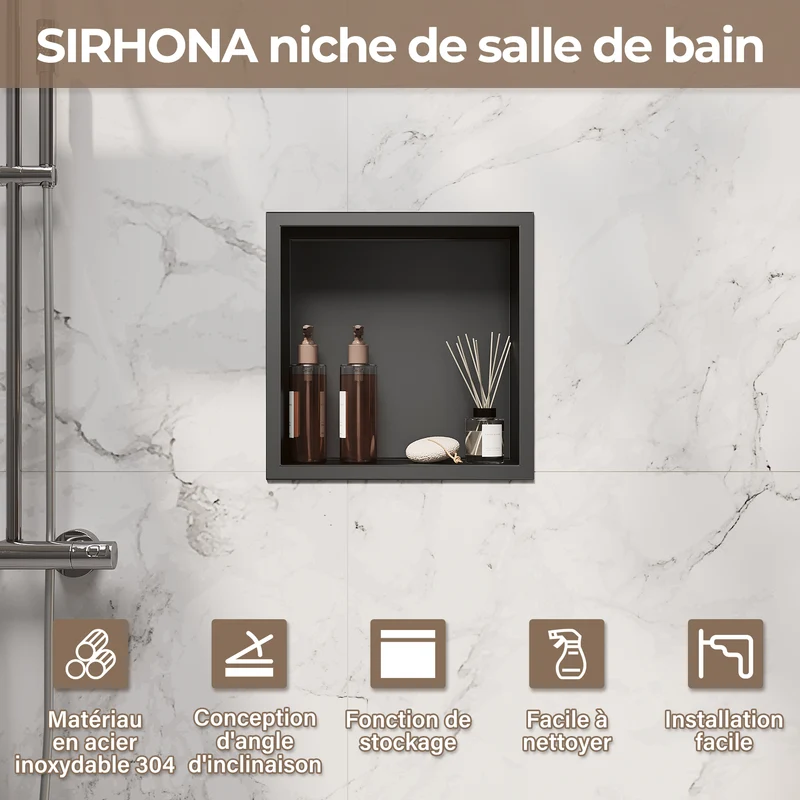 Niche murale de douche en acier inoxydable, niche de douche encastrée, étagère individuelle de stockage pour salle de bain, étanche, pas de carrelage nécessaire, 30 x 30 x 10 cm