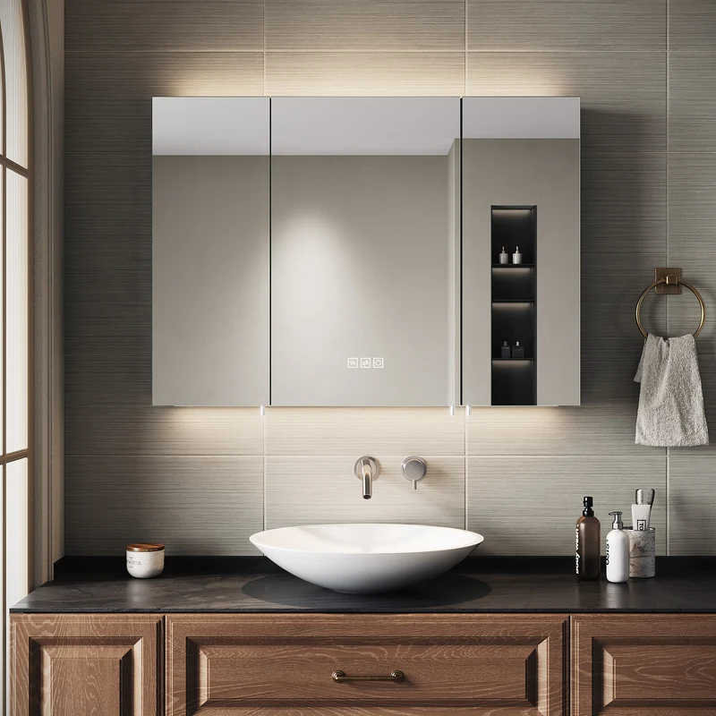 SIRHONA Armoire de Toilette Miroir, Armoire Murale avec Éclairage LED et Prises de Courant, 90 x 65 x 13cm
