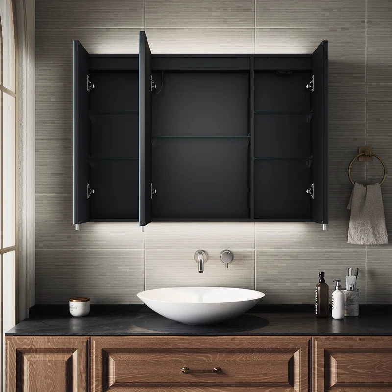 SIRHONA Armoire de Toilette Miroir, Armoire Murale avec Éclairage LED et Prises de Courant, 90 x 65 x 13cm