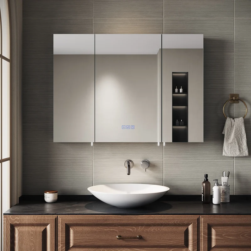 SIRHONA Armoire de Toilette Miroir, Armoire Murale avec Éclairage LED et Prises de Courant, 90 x 65 x 13cm