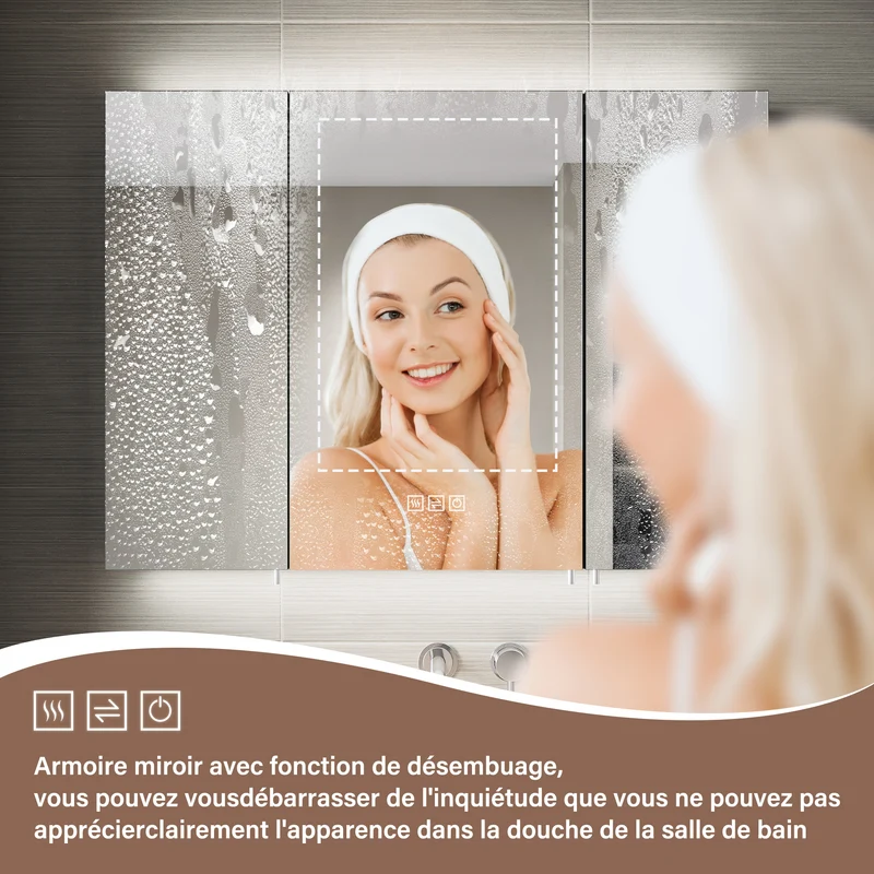 SIRHONA Armoire de Toilette Miroir, Armoire Murale avec Éclairage LED et Prises de Courant, 90 x 65 x 13cm
