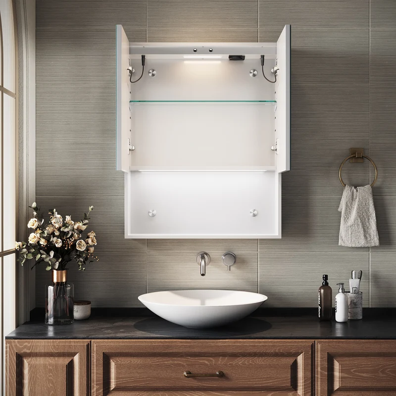 SIRHONA Armoire de Toilette Miroir, Armoire Murale avec Éclairage LED et Prises de Courant, Interrupteurs à Commande Tactile, Dimmable 60 x 75 x 13cm