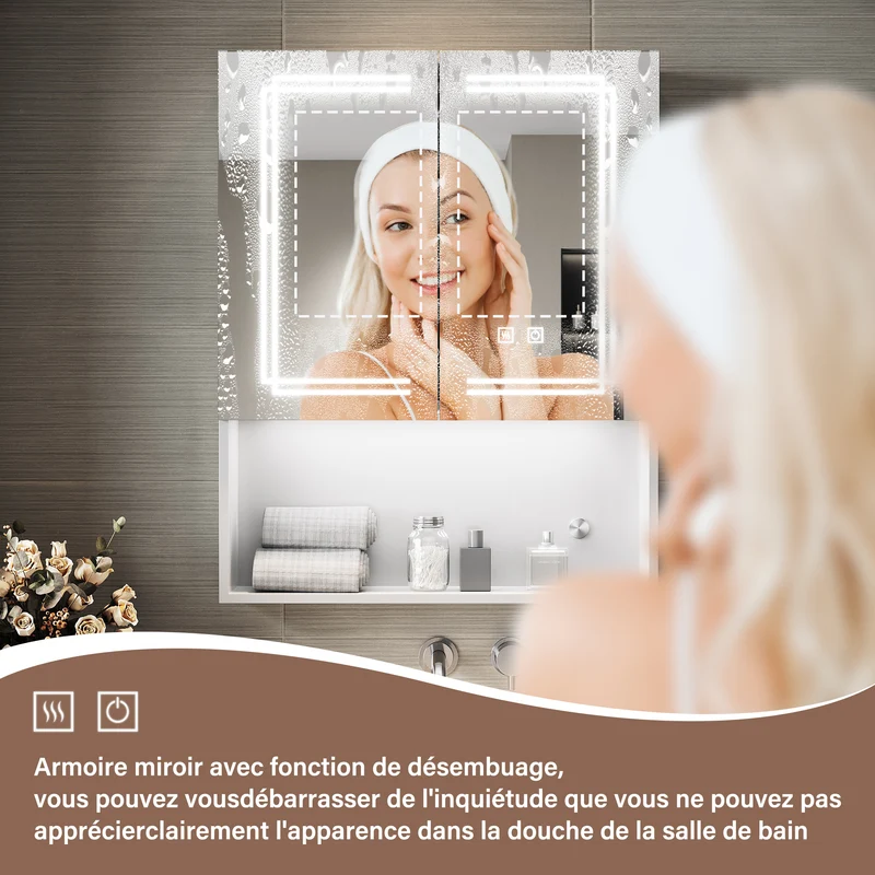 SIRHONA Armoire de Toilette Miroir, Armoire Murale avec Éclairage LED et Prises de Courant, Interrupteurs à Commande Tactile, Dimmable 60 x 75 x 13cm