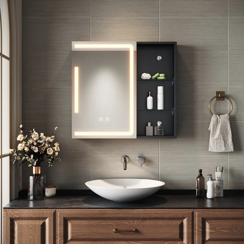 SIRHONA Armoire de Toilette Miroir, Armoire Murale avec Éclairage LED et Prises de Courant, 65 x 60 x 13cm