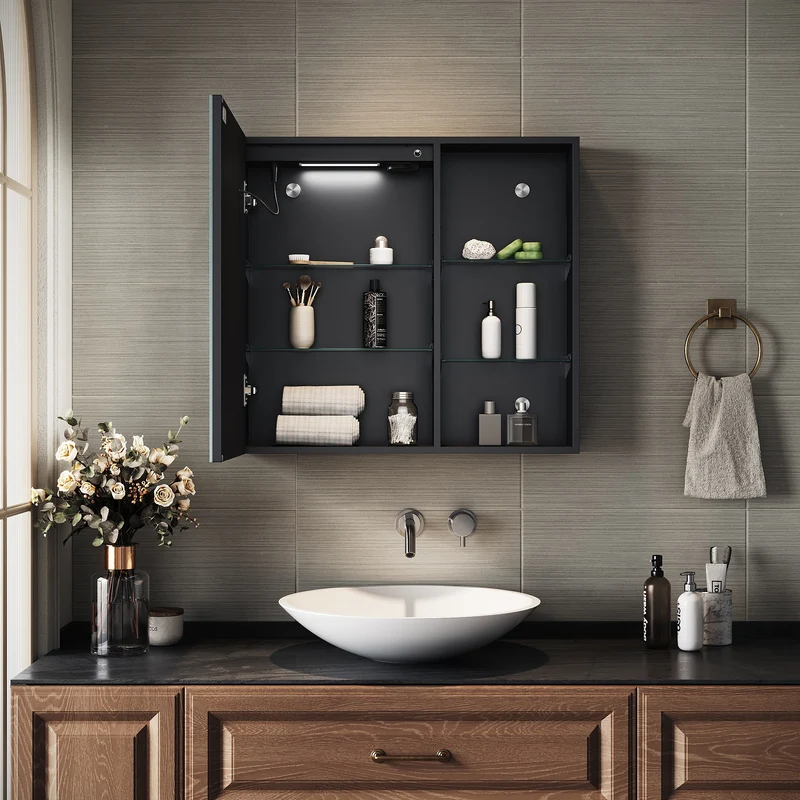 SIRHONA Armoire de Toilette Miroir, Armoire Murale avec Éclairage LED et Prises de Courant, 65 x 60 x 13cm