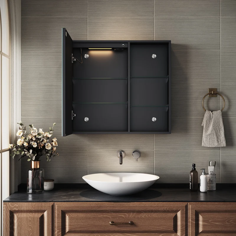 SIRHONA Armoire de Toilette Miroir, Armoire Murale avec Éclairage LED et Prises de Courant, 65 x 60 x 13cm