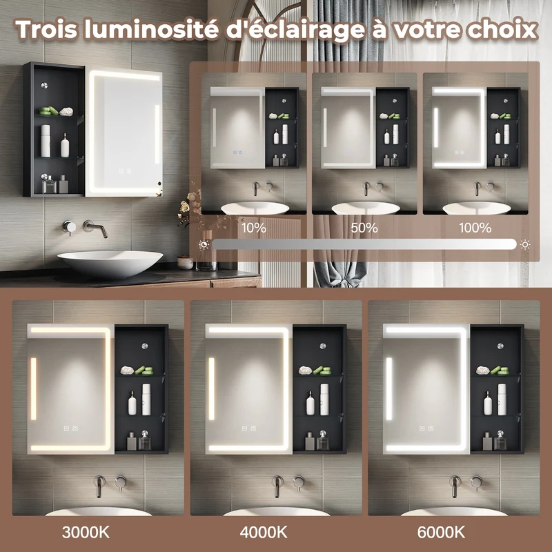 SIRHONA Armoire de Toilette Miroir, Armoire Murale avec Éclairage LED et Prises de Courant, 65 x 60 x 13cm