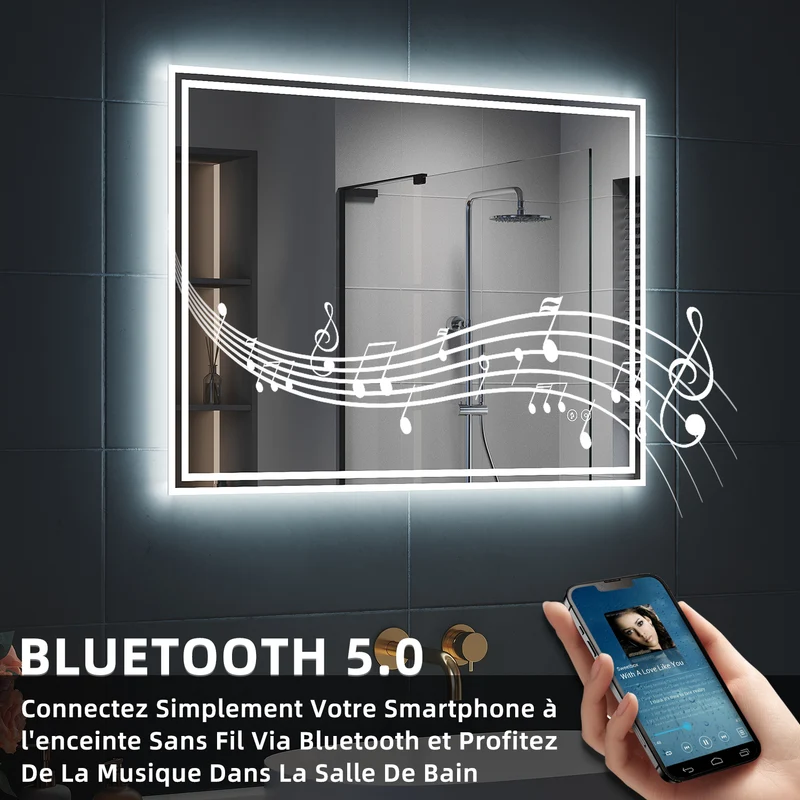 SIRHONA Miroir LED Salle de Bain Bluetooth 80x60cm Miroir Lumineux Salle de Bain avec Eclairage Intégré Anti-buée