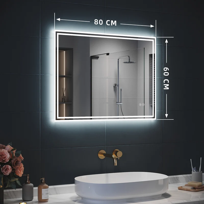 SIRHONA Miroir LED Salle de Bain Bluetooth 80x60cm Miroir Lumineux Salle de Bain avec Eclairage Intégré Anti-buée