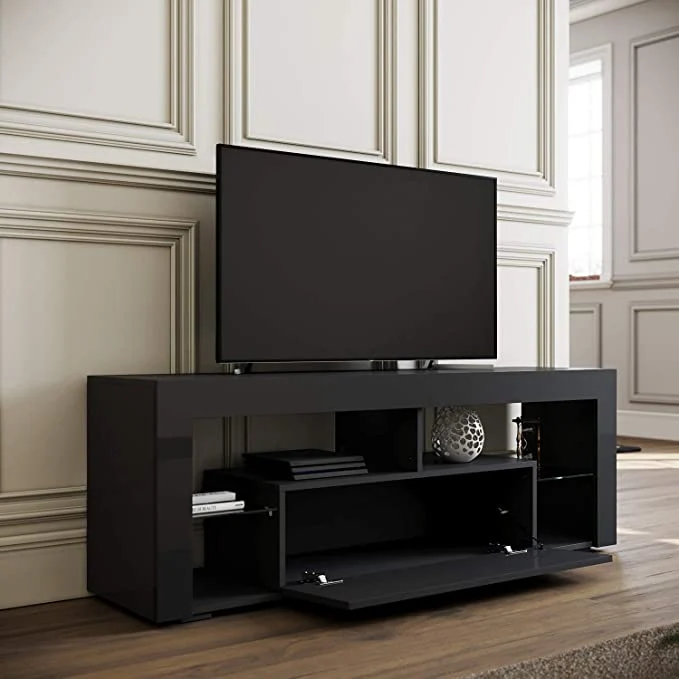 Meuble TV Bas, Lumière LED Réglable avec Télécommande, Grande Capacité, SIRHONA - Noir 140x35x50.5cm