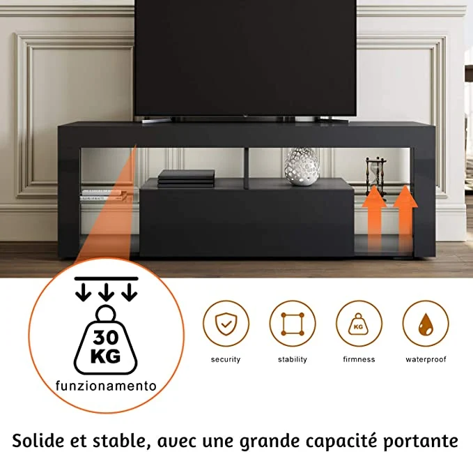 Meuble TV Bas, Lumière LED Réglable avec Télécommande, Grande Capacité, SIRHONA - Noir 140x35x50.5cm