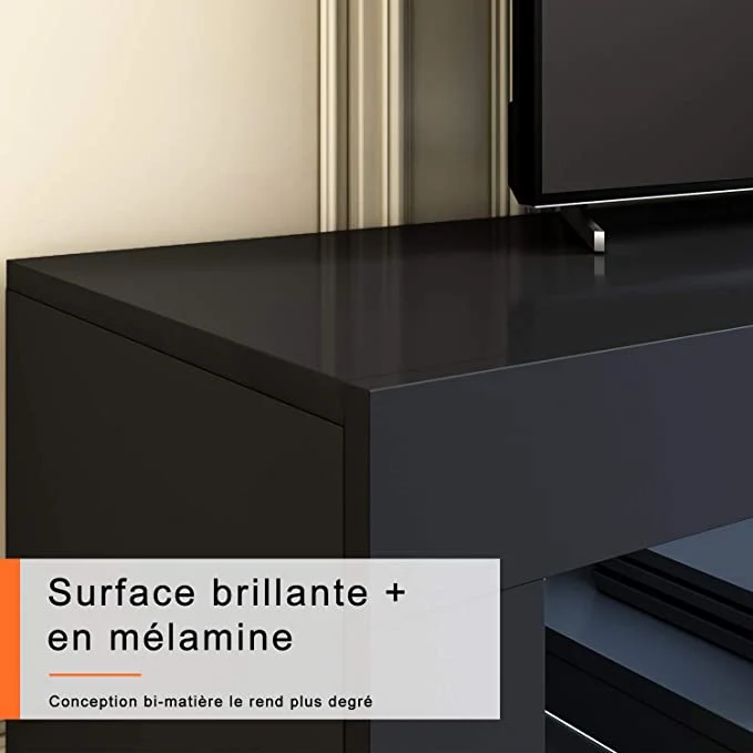 Meuble TV Bas, Lumière LED Réglable avec Télécommande, Grande Capacité, SIRHONA - Noir 140x35x50.5cm