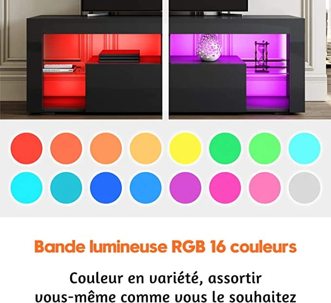 Meuble TV Bas, Lumière LED Réglable avec Télécommande, Grande Capacité, SIRHONA - Noir 140x35x50.5cm