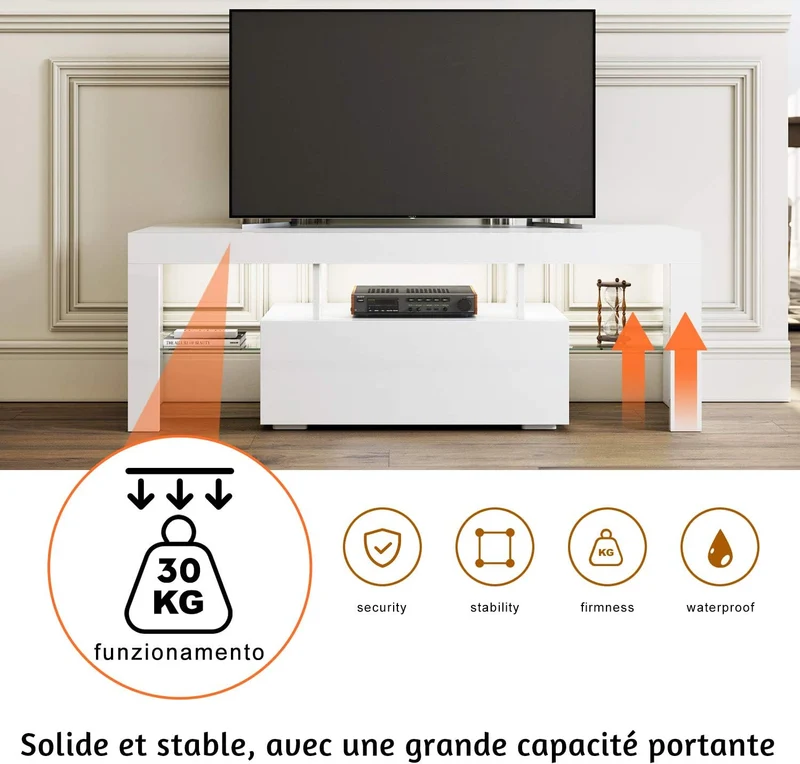 Meuble TV Bas, Lumière LED Réglable avec Télécommande, Grande Capacité, SIRHONA - Noir 140x35x50.5cm