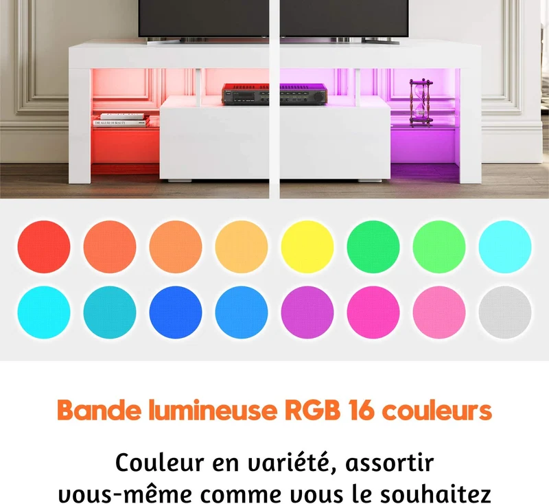 Meuble TV Bas, Lumière LED Réglable avec Télécommande, Grande Capacité, SIRHONA - Noir 140x35x50.5cm