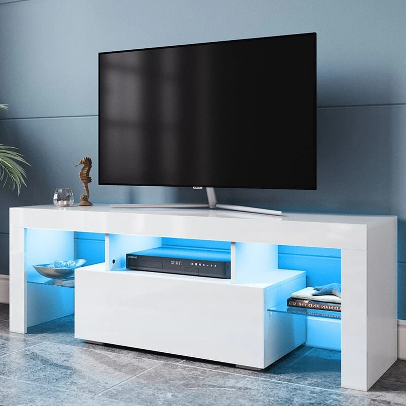 Meuble TV Bas - Lumière LED Réglable avec Télécommande Grande Capacité SIRHONA Blanc 130x35x45 cm