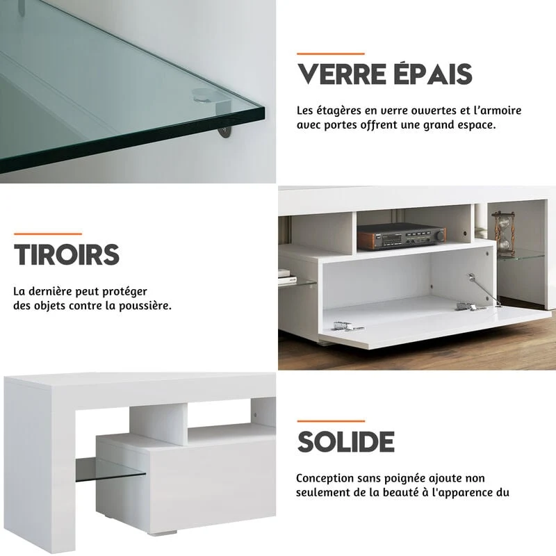 Meuble TV Bas - Lumière LED Réglable avec Télécommande Grande Capacité SIRHONA Blanc 130x35x45 cm