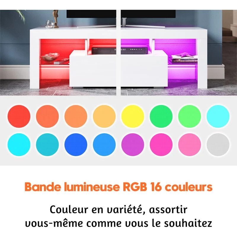 Meuble TV Bas - Lumière LED Réglable avec Télécommande Grande Capacité SIRHONA Blanc 130x35x45 cm