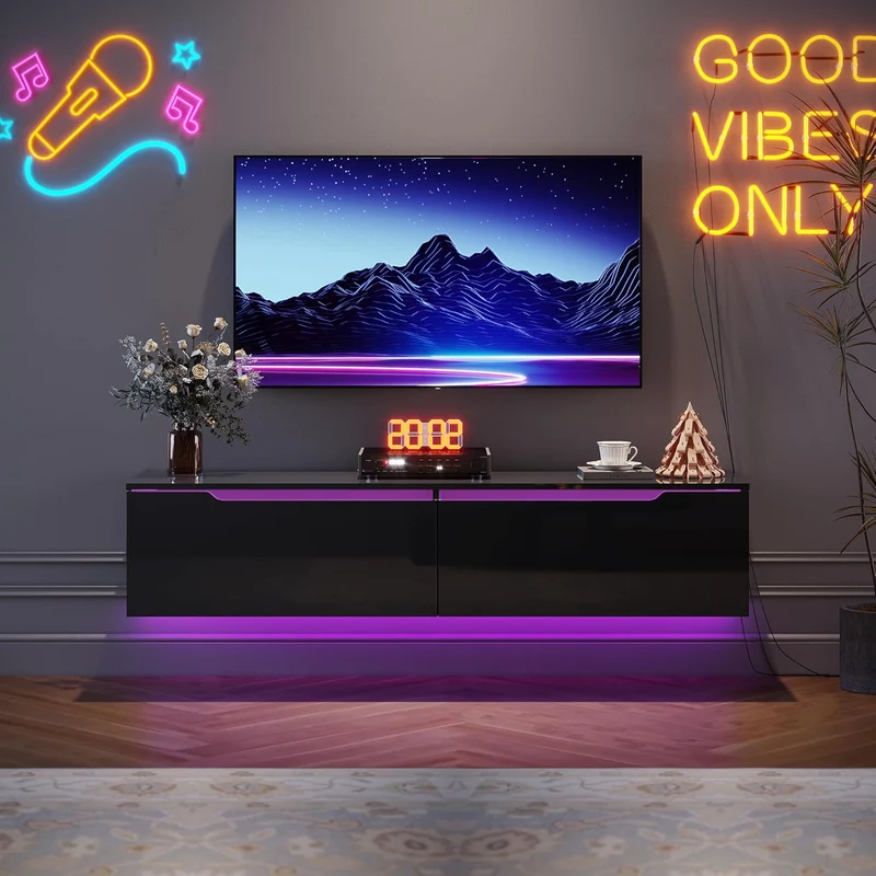 SIRHONA Tableau TV avec éclairage LED Suspendu Noir Brillant 140x35x30 cm