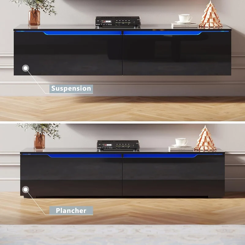 SIRHONA Tableau TV avec éclairage LED Suspendu Noir Brillant 140x35x30 cm