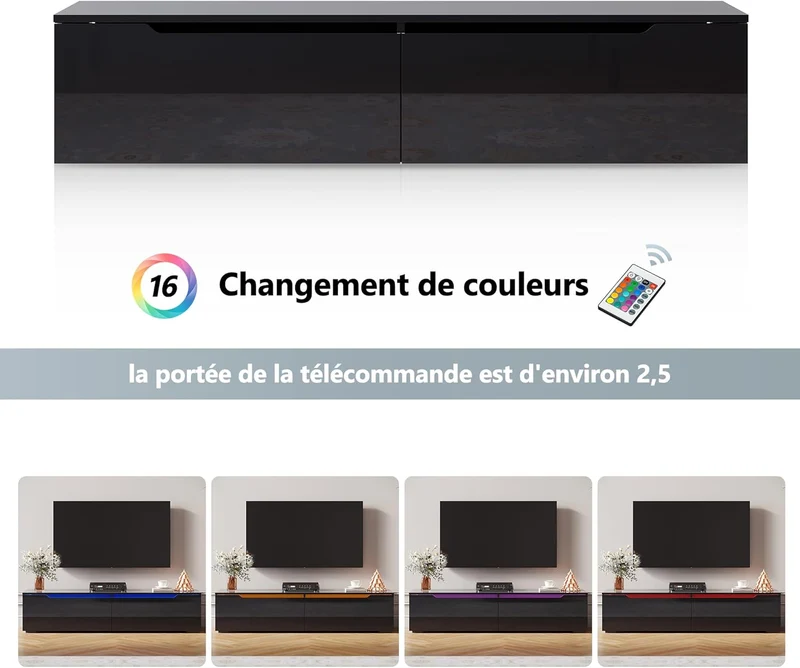SIRHONA Tableau TV avec éclairage LED Suspendu Noir Brillant 140x35x30 cm