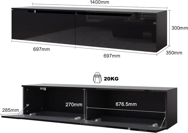 SIRHONA Tableau TV avec éclairage LED Suspendu Noir Brillant 140x35x30 cm