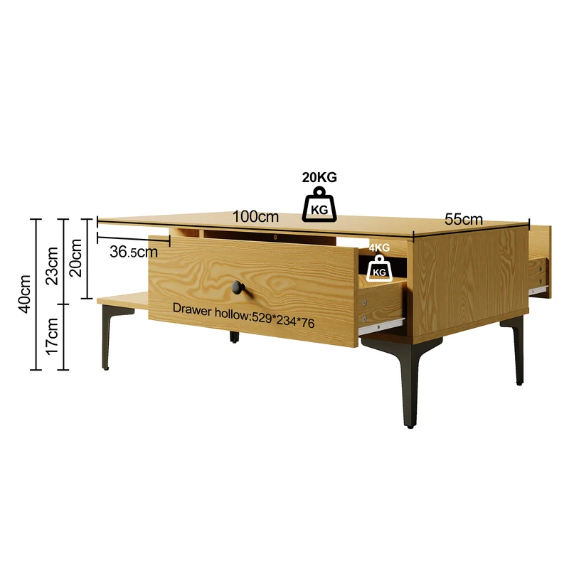 SIRHONA Table basse fixe avec tiroir Table de salon Sturdy and Sturdy Construction Meubles couleur bois, 100x55x40 cm