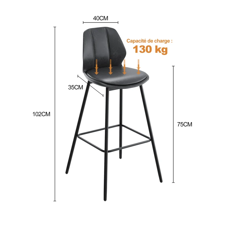 SIRHONA Lot de 2 Tabourets de Bar Chaise avec Dossier et Repose-pieds Style modern Gris siège Noire base
