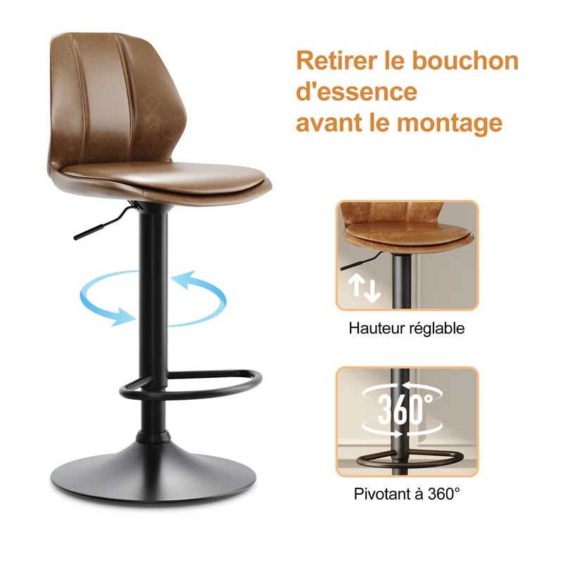 SIRHONA Lot de 2 Tabourets de Bar Chaise avec Dossier et Repose pieds Style modern Marron siège Noire base