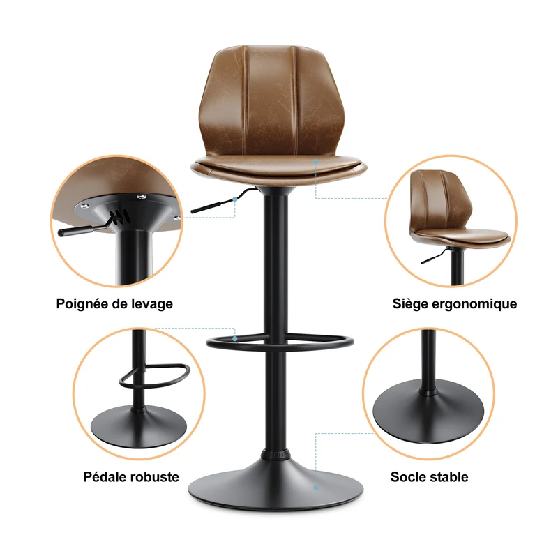SIRHONA Lot de 2 Tabourets de Bar Chaise avec Dossier et Repose pieds Style modern Marron siège Noire base