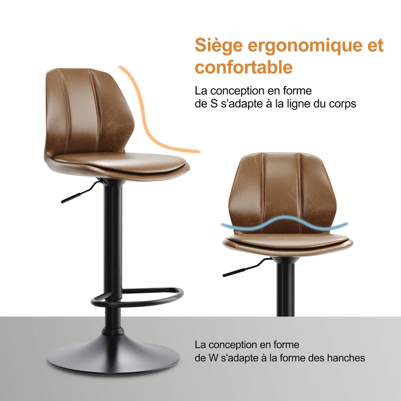SIRHONA Lot de 2 Tabourets de Bar Chaise avec Dossier et Repose pieds Style modern Marron siège Noire base