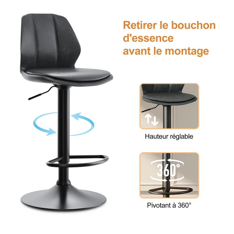 SIRHONA Lot de 2 Tabourets de Bar Chaise avec Dossier et Repose pieds Style modern Gris siège Noire base