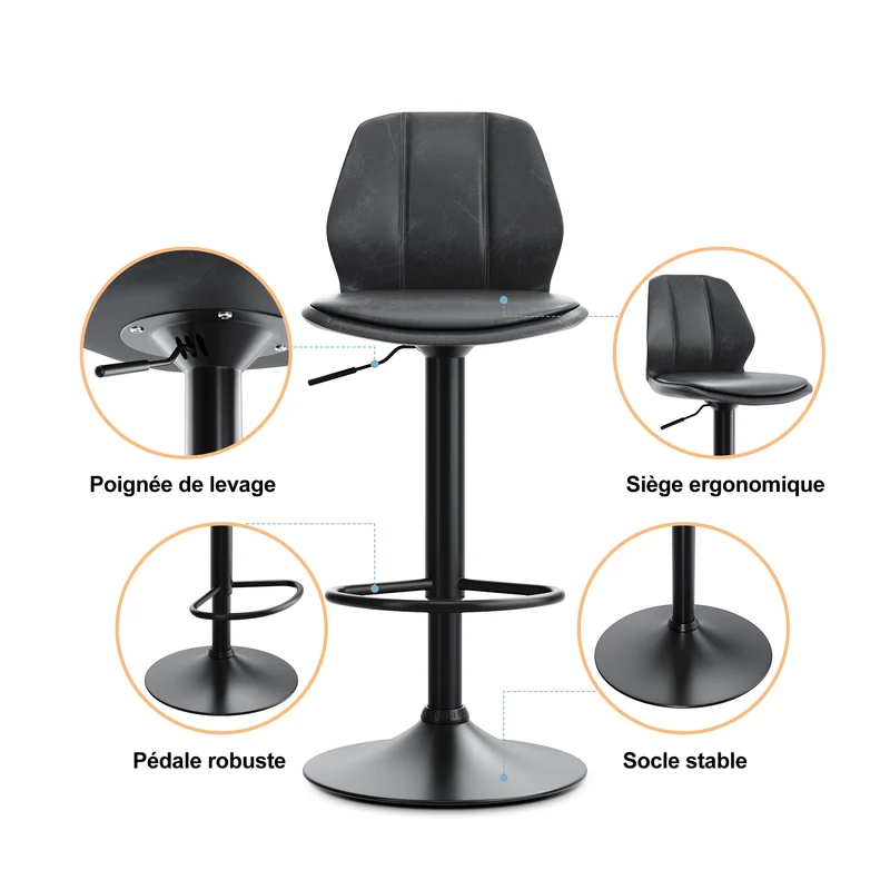 SIRHONA Lot de 2 Tabourets de Bar Chaise avec Dossier et Repose pieds Style modern Gris siège Noire base