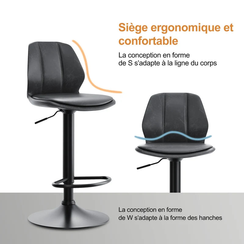SIRHONA Lot de 2 Tabourets de Bar Chaise avec Dossier et Repose pieds Style modern Gris siège Noire base